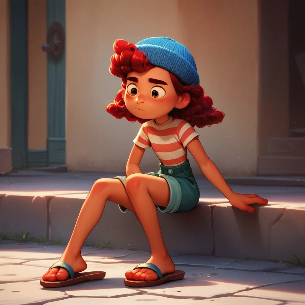 score_9, score_8_up, score_7_up, score_6_up, score_5_up, score_4_up, 1girl, G_LUCA, red hair, blue hat, stripped shirt, sandals,.solo