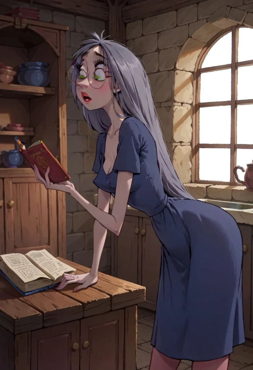 adorable disney woman madam mim bending over, woman leaning forward, holding old book , hard nipple partially visible under shirt, wearing red pencil skirt, skinny, petite, wearing dark blue dress shirt, nip-slip, long grey wild hair, glasses, big eyes, , fantasy, indoors, kitchen, witch cottage setting, shy, looking down, side view, eyes looking to the side to viewer