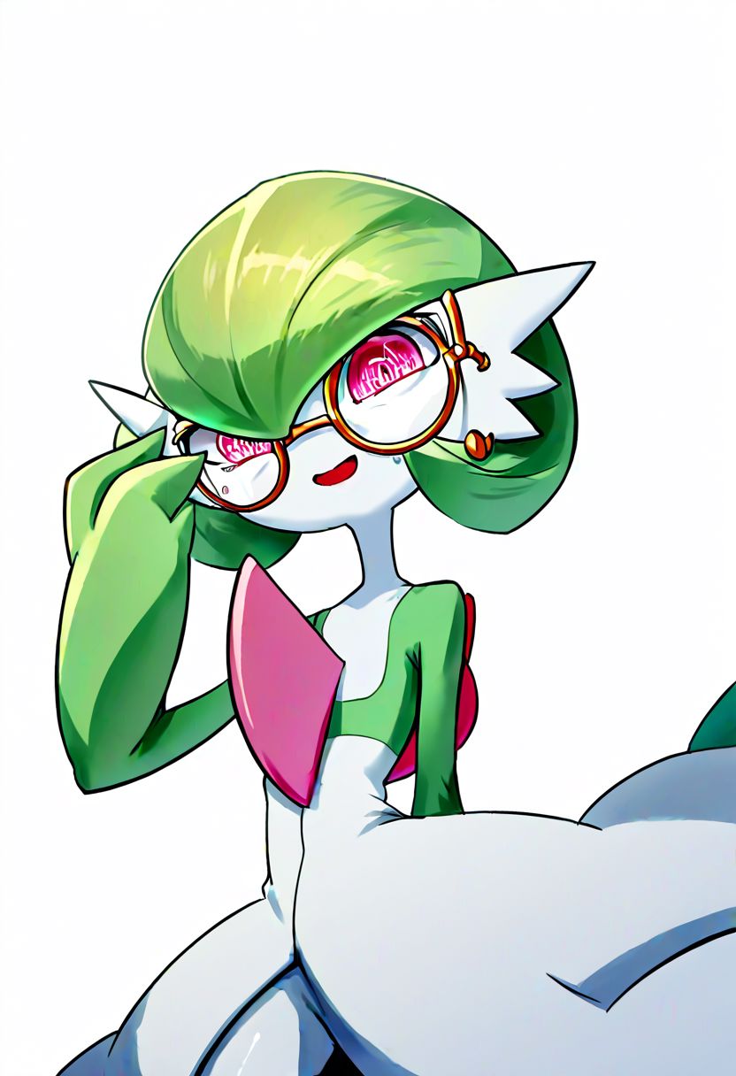 score_9_up, score_8_up, score_7_up, Score_6_up, Score_5_up, Score_4_up, source_anime, (masterpiece, perfectly detailed, detailed face, detailed eyes, beautiful eyes),  8K, extremely detailed, perfect face, PokeMaster_PS, gardevoir_pokemon, monocle, round eyewear, bob cut, colored skin, flat chest, forced smile, green hair, multicolored skin, open mouth, pink eyes, pokemon (creature), simple background, squeezing, sweatdrop, two-tone skin, white background, white skin
