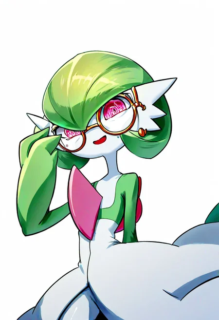 score_9_up, score_8_up, score_7_up, Score_6_up, Score_5_up, Score_4_up, source_anime, (masterpiece, perfectly detailed, detailed face, detailed eyes, beautiful eyes), 8K, extremely detailed, perfect face, PokeMaster_PS, gardevoir_pokemon, monocle, round eyewear, bob cut, colored skin, flat chest, forced smile, green hair, multicolored skin, open mouth, pink eyes, pokemon (creature), simple background, squeezing, sweatdrop, two-tone skin, white background, white skin