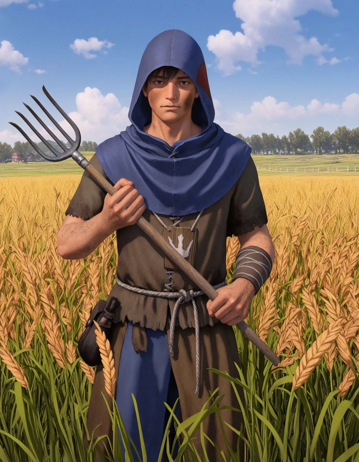 masterpiece, good quality, best quality,  2d, anime, 
bretonnianpeasant, 1boy, hood, holding pitchfork,
looking at viewer, wheat field, dirty face, 
 <lora:BretonnianPeasant_Vpred:0.7>