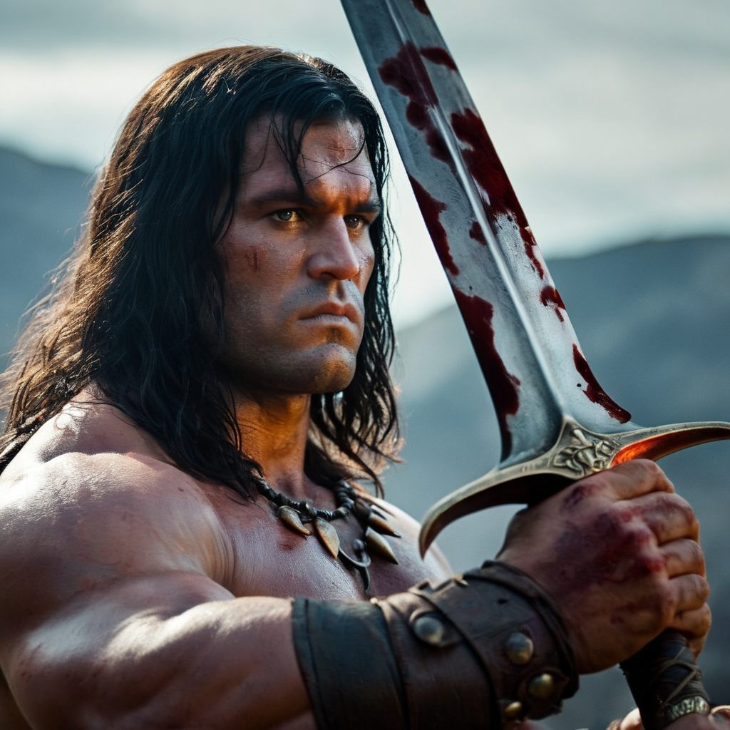 cinematic film still of  <lora:Conan the Barbarian:1.2>  Horror Themed created by Robert E. Howard
Conan the Barbarian a man with a bloody sword in his hand, shallow depth of field, vignette, highly detailed, high budget, bokeh, cinemascope, moody, epic, gorgeous, film grain, grainy