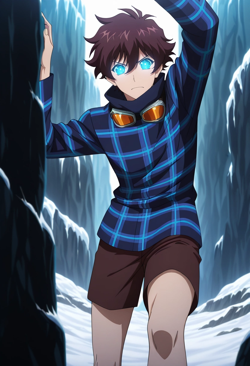 masterpiece, best quality, anime screencap, official style, anime coloring, cowboy shot, 1boy, solo, male focus, <lora:leonardo_watch_ilxl:0.92>, leonardo_watch, brown hair, short hair, hair between eyes, bangs, blue eyes, glowing eyes, goggles around neck, frost peak, icy cliffs, snow-filled caverns, frozen trails, climbing pose, determined expression, winter dawn, Dress shorts, Plaid blazer, , ,