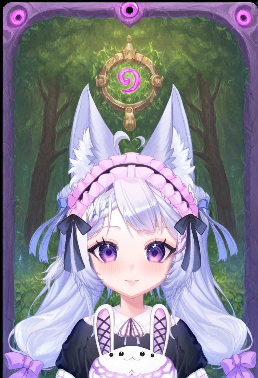 score_9,score_8_up,score_7_up, source_anime,
hyper-detailed, masterpiece, best quality,
(simfonira, source_reference),source_screen_good, model_type_fox,ears_fox, outfit_maid,maid, hair_tails,twintails, long hair, hair bow,  eyes_purple,purple eyes,
upper body,
looking at viewer,
portrait,
Card, Tarot, graphic border, Illustrative,
pink atmosphere, obsidian stone, skeuomorphic, detailed,
Smiling eyes,
forest background,
Lustful personality, 
Jewelry, Extravagant, Shoulderless,
glowneon, glowing, lightning