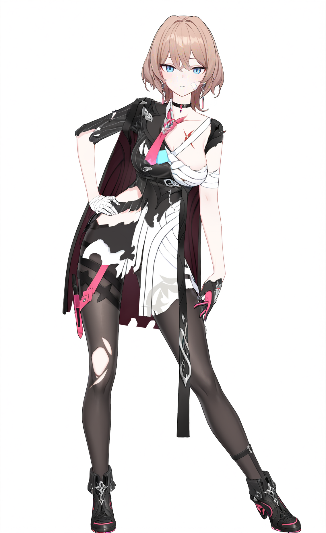 score_9, score_8_up, score_7_up, score_6_up, 8k, 
8k, best quality, masterpiece, (ultra-detailed), (high detailed skin), white background, simple background, 
(full body), (white background), standing, looking at viewer, (solo), hand on hip, 
<lora:Lantern-A3-Tanger:0.8>, dengsfl, broken clothes, torn clothes, brown hair, 1girl, blue eyes, gloves, bandages, bandaged arm, pantyhose, chokerblack footwear,