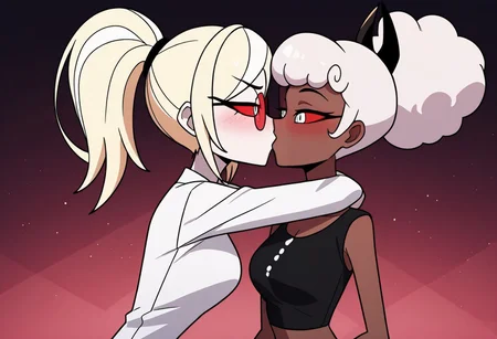 masterpiece, best quality, newest, absurdres, highres, HHp4ck-Style-V1.0, official style, HHOVP-Carmines-CLC+ODC.V1.0, multiple girls, 2girls, HHOVP-ODC.V1.0, HHOVP-CLC.V1.0, kiss, yuri, hug, lesbian,
BREAK 
HHOVP-ODC.V1.0, blonde hair, white skin, red-tinted eyewear, glasses, red sclera, red-tinnted  colored sclera, white eyes, high ponytail, red glasses, hairband, hairband with horns, tied hair,
BREAK
HHOVP-CLC.V1.0, dark skin, dark-skinned female, hairband, hairband with horns, tied hair, white hair, red sclera, colored sclera, white eyes, afro, crop top, black crop top,