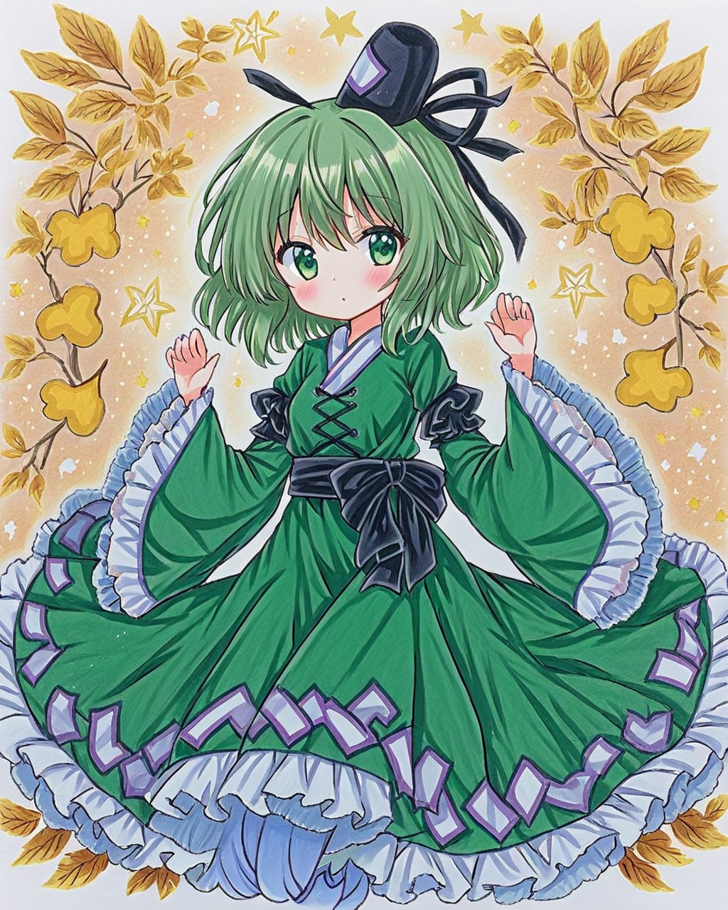 soga no tojiko,1girl, marker_\(medium\), green_dress, sample_watermark, solo, traditional_media, tate_eboshi, black_headwear, looking_at_viewer, ofuda_on_clothes, long_sleeves, ghost_tail, wide_sleeves, hat_ribbon, leaf, blush, :o, frilled_dress, cowboy_shot, black_ribbon, frilled_sleeves
<lora:soga_no_tojiko_image2295_2023-12-20-000010:1>,star-shaped_pupils,symbol-shaped_pupils,. gorgeous,key visual, vibrant, studio anime,award-winning, professional, highly detailed,high budget, cinemascope