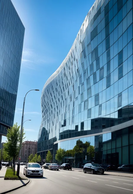 <lora:YourBlobitecture_XL:1> , ((blobitecture)), ((masterpiece)), ((best quality)), scenery, outdoors, sky, building, day, tree, city, real world location, road, motor vehicle, lamppost, window, reflection, curvy, curtain wall, glass,, photography, capturing moments, storytelling, creative composition