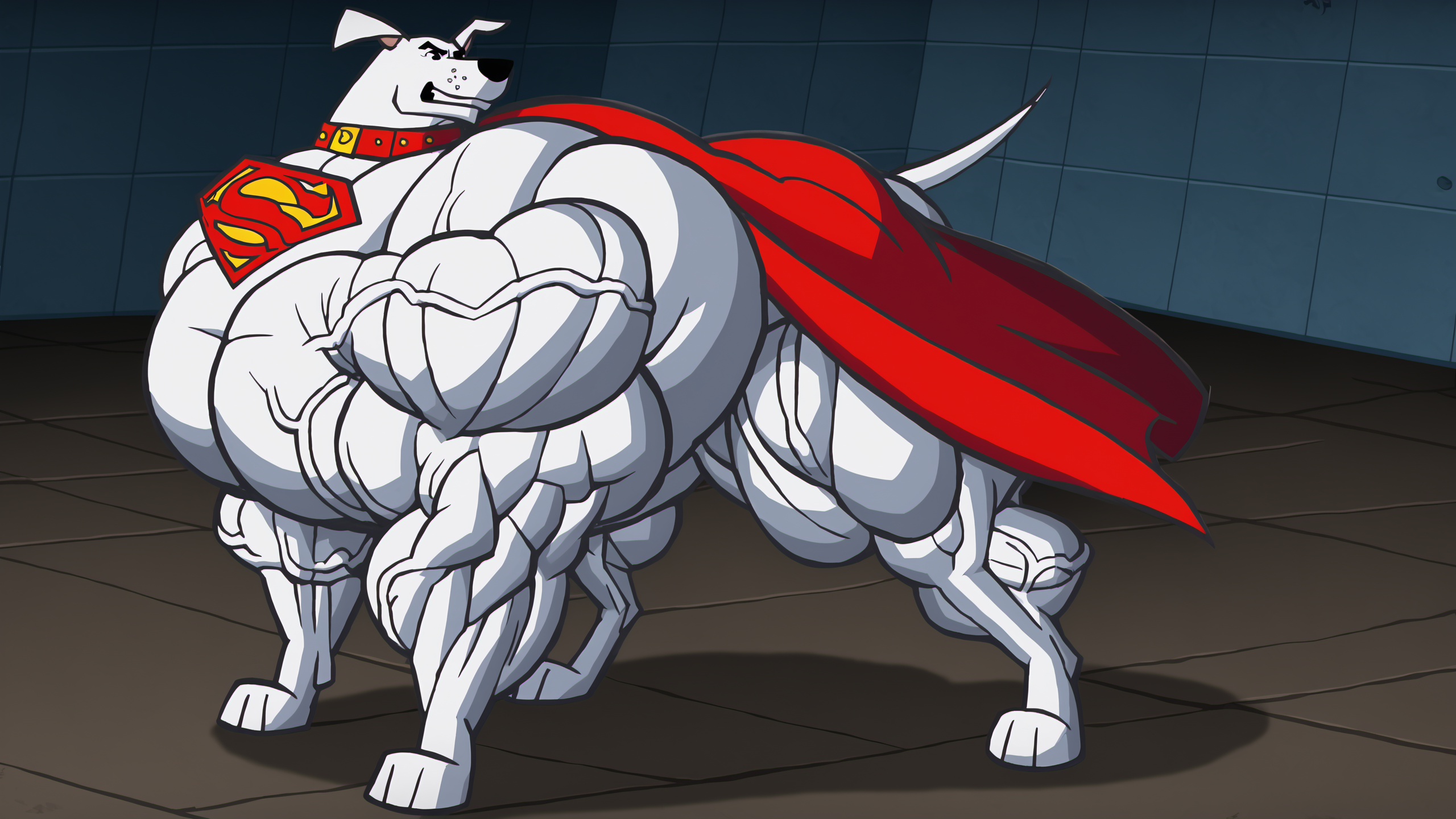 male,feral,solo,
standing,idle,
krypto,white dog,<lora:Krypto:0.8>,white fur,white body,(feral dog:1.2),red collar,superman logo,red cape,
muscular rump,muscular thighs,obliques,
(hyper muscle feral:1.2),(hyper muscular feral:1.2),(feral muscle:1.1),muscle growth,<lora:muscular-feral-000002:0.5>,
vein,veins,veiny muscles