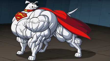 male,feral,solo,
standing,idle,
krypto,white dog,<lora:Krypto:0.8>,white fur,white body,(feral dog:1.2),red collar,superman logo,red cape,
muscular rump,muscular thighs,obliques,
(hyper muscle feral:1.2),(hyper muscular feral:1.2),(feral muscle:1.1),muscle growth,<lora:muscular-feral-000002:0.5>,
vein,veins,veiny muscles
