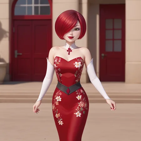 <lora:magicianladybug_pony_v1:.7> MagicianLadyBug, 1girl,  short hair,  hair over one eye, red hair, lipstick, makeup, cowboy shot, <lora:1007 Chinese wedding dress_v1_pony:1> ruanyi1007,bare shoulders,detached sleeves,red dress,floral print,strapless dress,