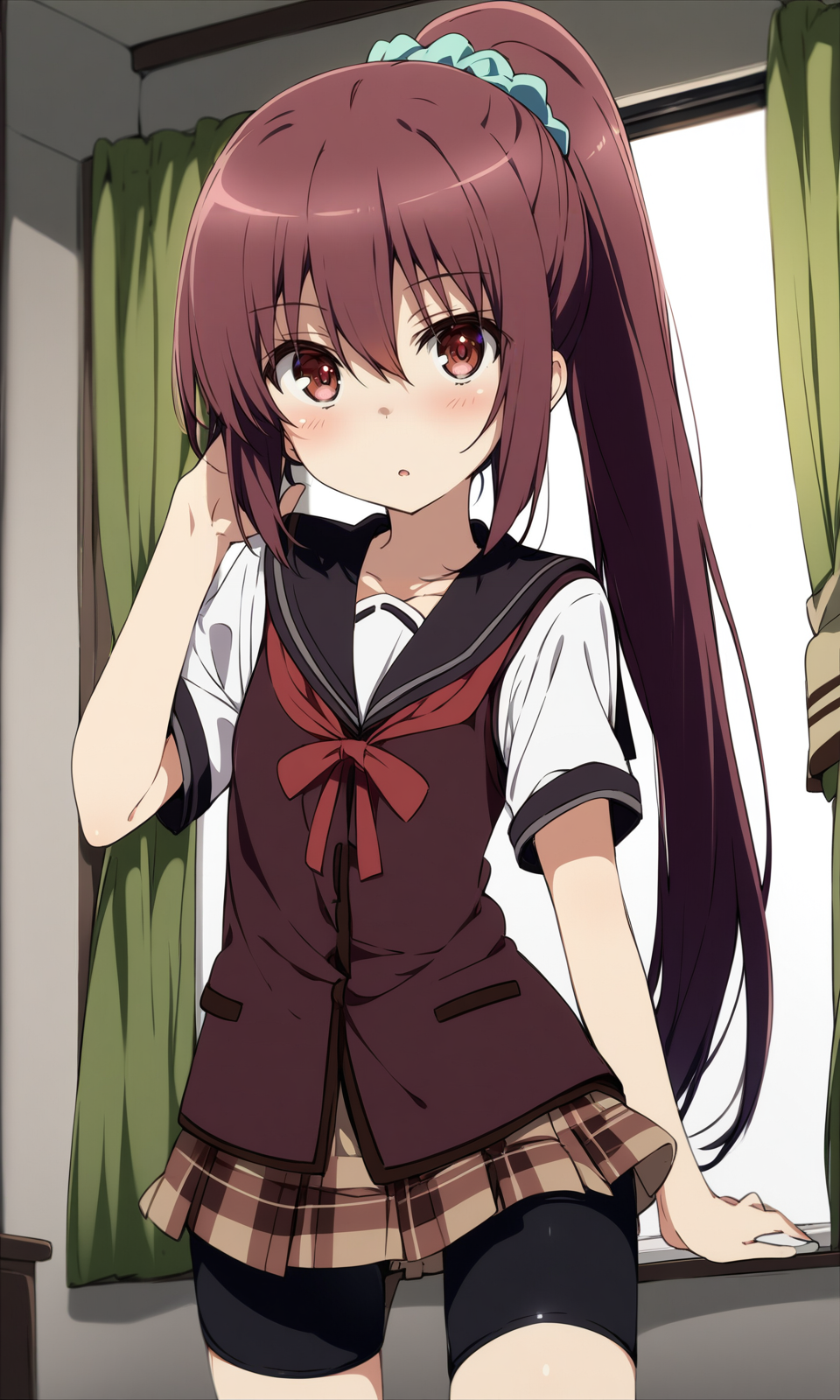 masterpiece, best quality, by ogipote, BREAK
suzukiikumi, 1girl, bike shorts, brown eyes, brown hair, cowboy shot, curtains, hair scrunchie, long hair, looking at viewer, plaid, pleated skirt, ponytail, school uniform, scrunchie, serafuku, short sleeves, skirt, solo, 
<lora:SuzukiIkumi_XL:1>