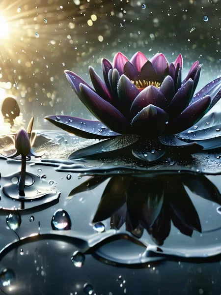 DonMM4g1cXL fantasy black water lily flower ingrid-elias-style lens flare, water drops, ominious fairyland background <lora:ingrid_elias_style_v2:1> <lora:DonMM4g1cXL-v2.1:1>