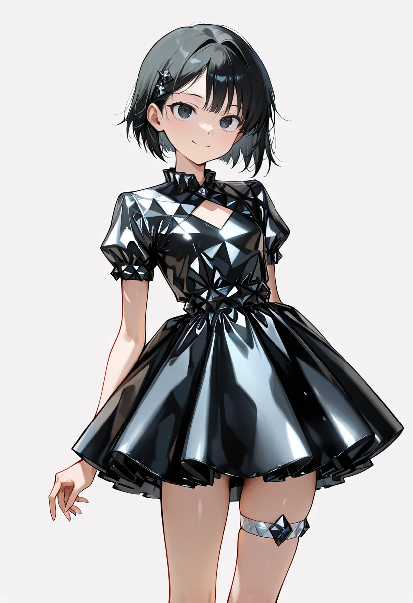 best quality, amazing quality, simple background,((outlined outlined vector graphics)), simple background, front view , looking up ,
1girl, 20yo, black hair, black eyes, short bob hair, hair pin,small breast, slender,(white thigh strap:1.1), cute face,
black diamond clothes,, black dress, smile , short sleeve dress,<lora:black-diamond-il-20:1>