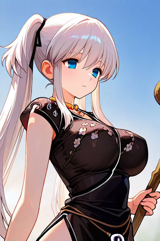 masterpiece, High quality, Ultra detailed, 2d, newest, absurdres, highres, BREAK
1girl, solo, <lora:nao:0.8>, nao_(mabinogi), long hair, twintails, white hair, sidelocks, black hair ribbon, blue eyes, 
large breasts, naoDef, neck ring, black dress, upper body, 
holding staff, cowboy shot,
