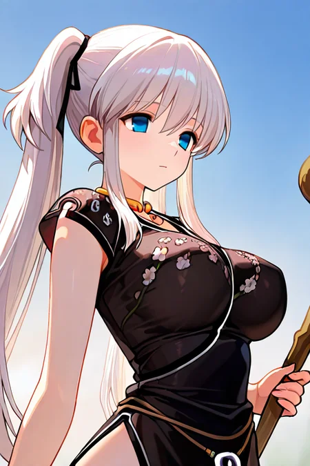 masterpiece, High quality, Ultra detailed, 2d, newest, absurdres, highres, BREAK
1girl, solo, <lora:nao:0.8>, nao_(mabinogi), long hair, twintails, white hair, sidelocks, black hair ribbon, blue eyes, 
large breasts, naoDef, neck ring, black dress, upper body, 
holding staff, cowboy shot,