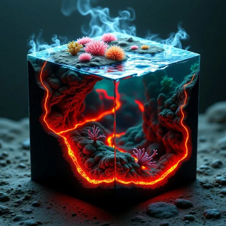 M1CR0CUB3D, aidmafluxpro1.1, A cubed volcanic seabed with coral that thrives in lava flows. Fiery anemones pulse with molten hues, and ash-finned creatures drift among glowing vents. Below: a root-network of living lava tubes, glowing like veins. Palette: lava red, sea green, dark smoke. Style: elemental hybrid realism, oceanic fire fantasy.