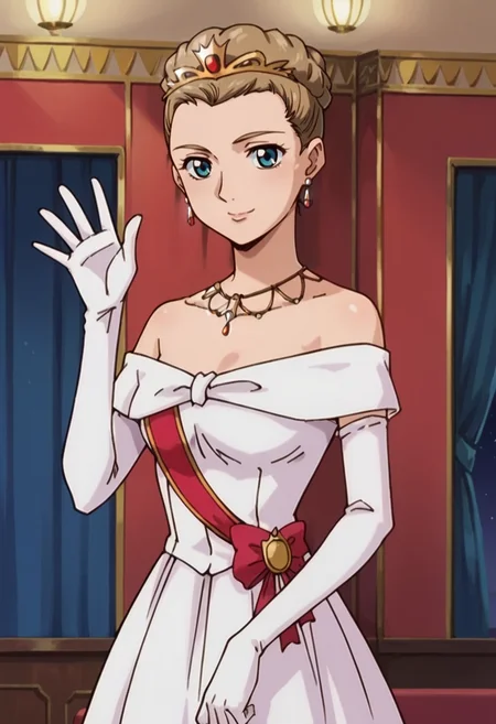 score_9,score_8_up,score_7_up,score_6_up,score_5_up,score_4_up,anime coloring BREAK source_anime,anime,<lora:Relena_Darlian_Gundam_Wing_Pony:0.8>,relena,1girl,solo,blue eyes,brown hair,hair up,tiara,earrings,jewelry,necklace,white dress,bare shoulders,elbow gloves,smile,waving,standing,indoors,looking_at_viewer,