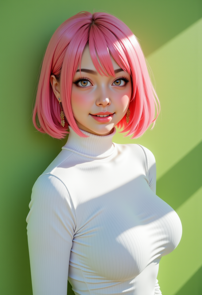 Headshots, a masterpiece, a beautiful woman,Hyperrealistic, she is smiling, dynamic angles, multiple angles, photoshoot poses; A photo of CAIChan, a woman with pink hair, a beautiful girl,she is wearing a white turtleneck sweater.she has massive breasts, she has piercing eyes. a dynamic pose and a sense of action. simple green background, and the lighting is soft, creating a dramatic effect, creating a focused and dynamic pose.; the scene is set in a beautiful well-lit environment, with a sense of action and adventure. Style: realistic hyper-detailed rendering, 32k UHD, expressive eyes, punk, graphic design, girl's face, pretty and cute, gleaming lips, telling a tale of adventure. Exuding confidence and serenity. The overall mood of the image is happy and relaxed, detailed skin texture,(blush:0.2),(goosebumps:0.3), subsurface scattering,with a playful and whimsical tone,perfect hand, hand, detailed hand,niji style,retro50s_style,
