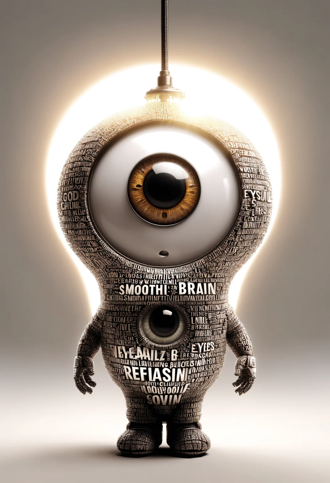 a lightbulb with eyes, hands on waist, light on, god rays, closeup cute and adorable, cute big circular reflective eyes, Pixar render, text logo "SMOOTH BRAIN"
<lora:dvr-txt:1> dvr-txt