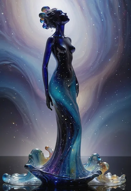 made out of,colorful,liquid,Murano Art glass,particle,glass sky,
(stardust:1.25) and neble, back ground,reflection,puple light,mist,
The crystal blue woman's own form seems to emit a soft, inner radiance – a subtle luminescence within the blue and black glass, suggesting a resilient spirit amidst the darkness,