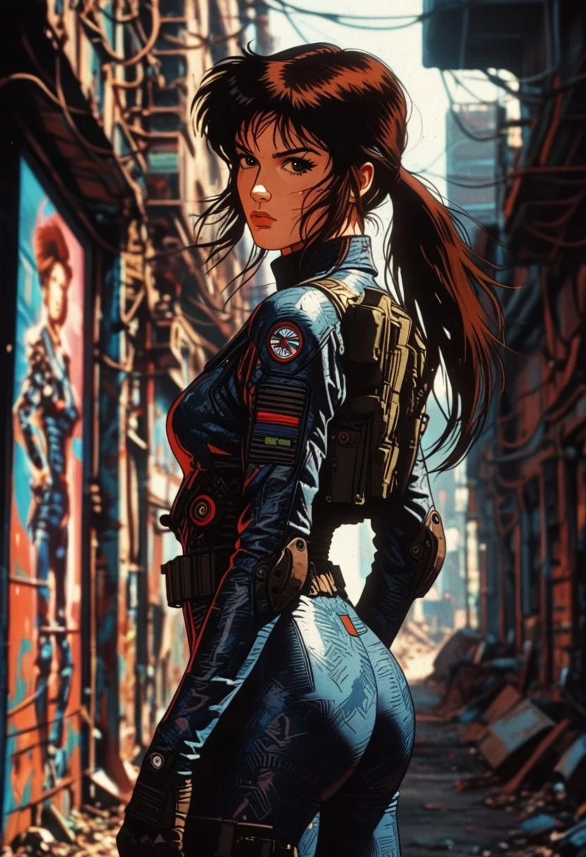 score_9, (best quality, high quality, sharp lines, sharpness),
BREAK,
1girl, Lara Croft, long hair, brown hair, brown eyes, ponytail, sidelocks, bangs, cyberpunk warrior standing in a futuristic urban alleyway, ruanyi1047,bodysuit,glitch,abstract, big ass, beads of sweat on ass, dressed in black high-tech armor with tactical belts and glowing accents. The scene is illuminated by neon signs in pink and blue, reflecting off her outfit. The atmosphere is gritty and futuristic, with a sense of tension and mystery in the air, retro artstyle