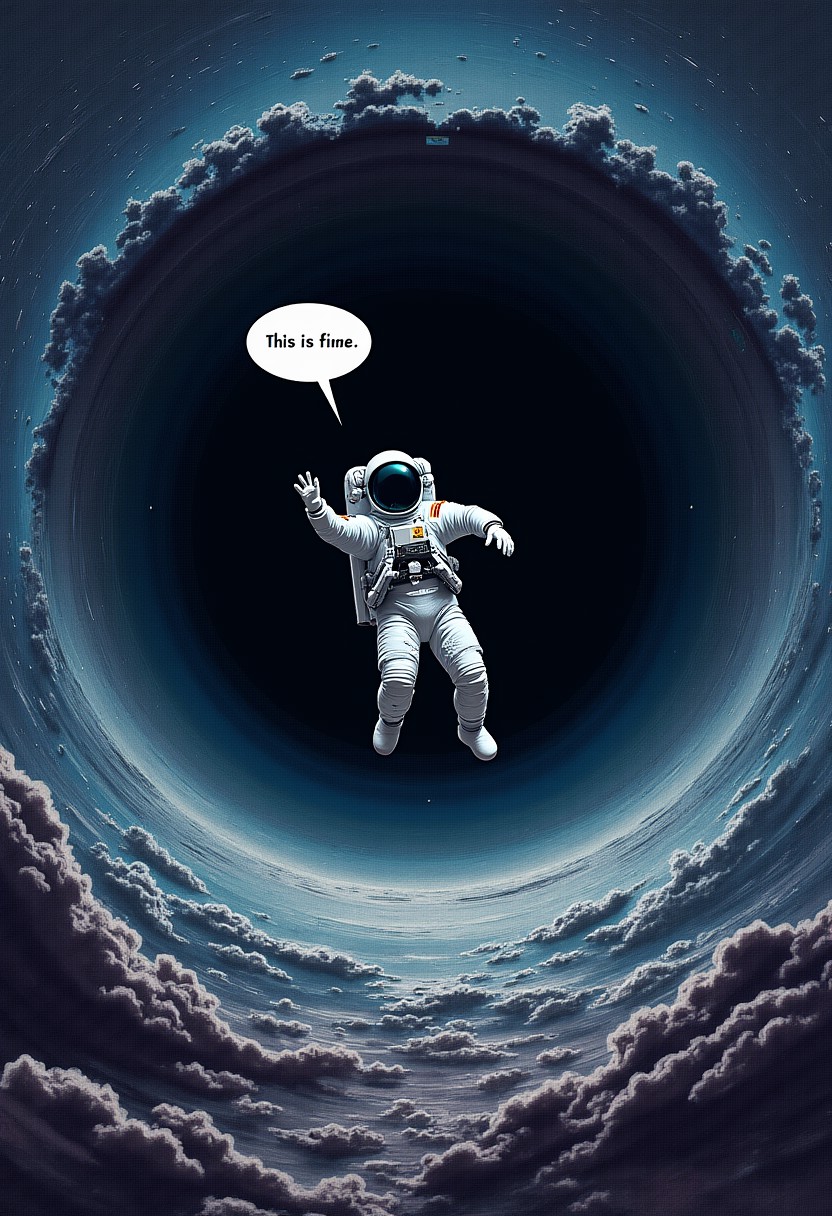 Astronaut falling into the black hole, comic bubble with the text "this is fine", cosmic horror, emptiness, void, (best quality, masterpiece), painting, 8k, hdr, detailed, intricate details
