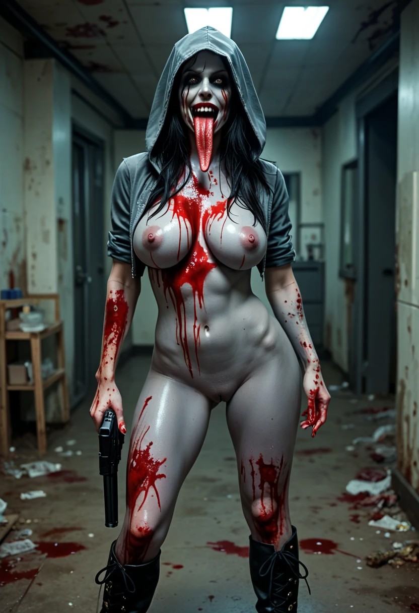 score_8_up, score_7_up, score_6_up Evil gore undead, hood, long tongue , grey skin, rotten, hellscape,lab, demi_gore_gon 1girl nipples solo breasts bloody, gun weapon nude pussy shiny hoop handgun large breasts black hair boots undead blood guts futa alluring gory slutty undead ,detailed, good art, undead, good quality, good anatomy, perfect anatomy, masterpiece, beautiful, iwell-drawn, score_9,