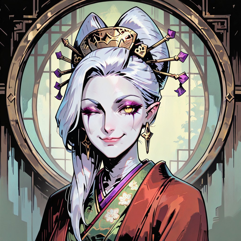 masterpiece, best quality, newest, absurdres, highres, TTCSV1.0, 
1girl, Elf, Sorcerres, white skin, white hair, yellow eyes, (asian:1;3), (asian female;1;3), oiran, mature, mature woman, friendly smile, royal, regal, noble, eyeshadow, mascara