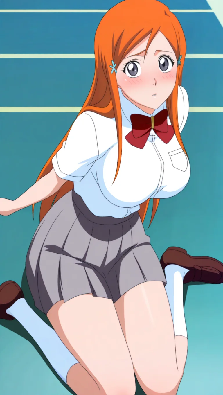 source_anime, masterpiece, best quality, amazing quality, anime screencap, high quality, 8k, absurdres, official style, 1girl, solo, looking at viewer, wariza, confused, blush, <lora:Orihime_Inoue_Pre_iL:1>, 0r1h1m3 pre, grey eyes, orange hair, long hair, school outfit 1, skirt, shirt, school uniform, white shirt, grey skirt, bowtie, red bowtie, breasts, large breasts, socks, white socks, loafers, brown shoes,