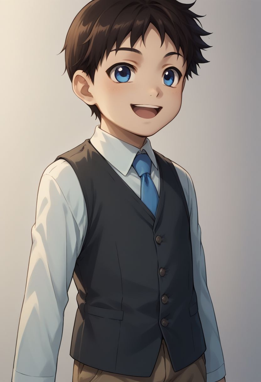 score_9, score_8_up, source_anime, highly detailed, selim, 1boy, solo, cute,
selim, 1boy, male focus, blue eyes, solo, shorts, necktie, male child, black hair, vest, blue necktie, brown hair, child, upper body, smile, open mouth, happy,
indoor,