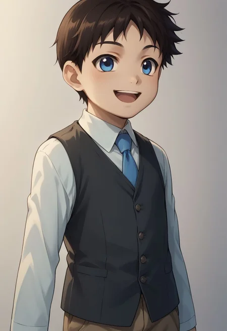 score_9, score_8_up, source_anime, highly detailed, selim, 1boy, solo, cute,
selim, 1boy, male focus, blue eyes, solo, shorts, necktie, male child, black hair, vest, blue necktie, brown hair, child, upper body, smile, open mouth, happy,
indoor,