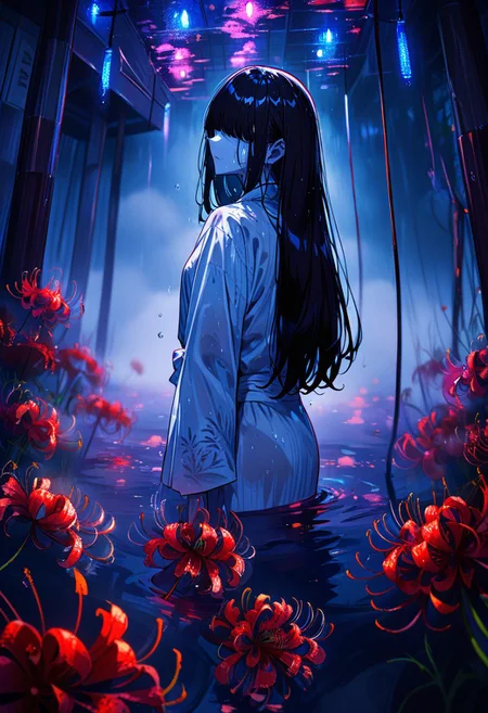 masterpiece, best quality, very aesthetic, absurdres, 1girl,( front view:1.2), retro color, dark hair,( straight long hair:1.2), eyeless, ( bangs over eyes:1.2), medium-small breast,( white yukata:1.2), in pool, ( thick fog:1.2), wet skin,( indoor night pool:1.2), 1 red ancient dilapidated torii gate in the water, red spider lily, blue glow light, pool with underwater-lights, psychedelic beautiful detailed, horror \(theme\), cityscape of skyscrapers,