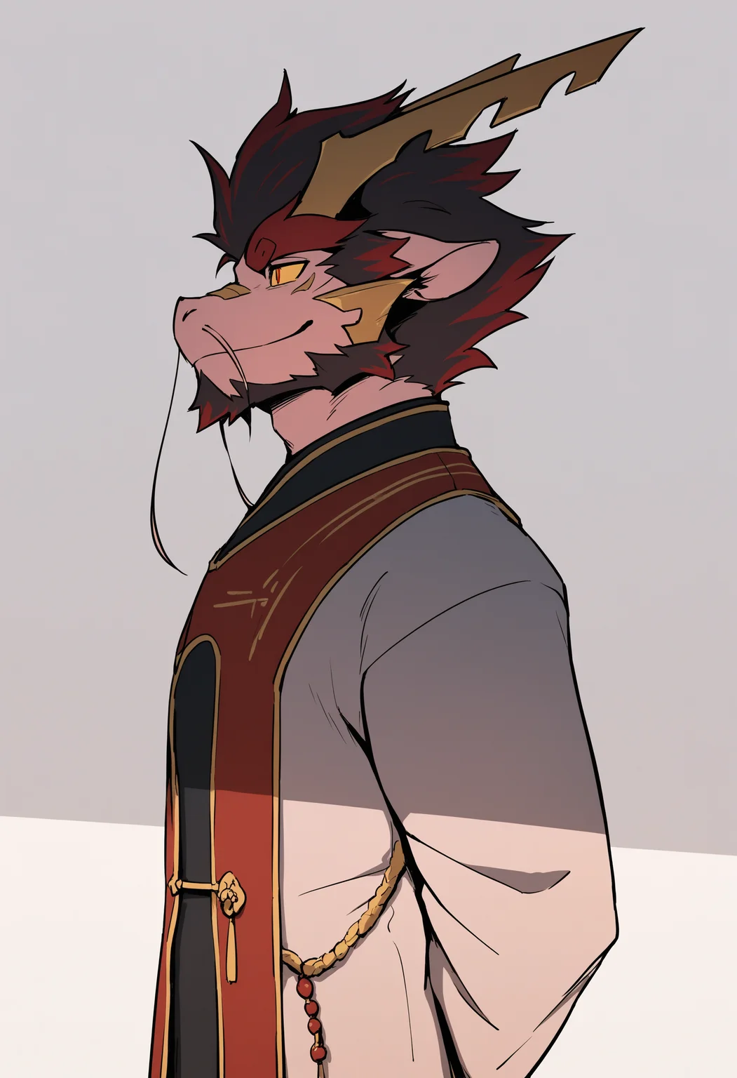 masterpiece, best quality, dragon boy, multicolored hair, yellow sclera, <lora:Tarjumdad-NOOB-0524-000200:1> Tarjumdad, 1boy, male focus, solo, furry, furry male, arms behind back, facial hair, white background, horns, red hair, from side, dragon boy, simple background, smile, chinese clothes, beard, short hair, animal ears, yellow sclera, dragon boy,chinese emperor