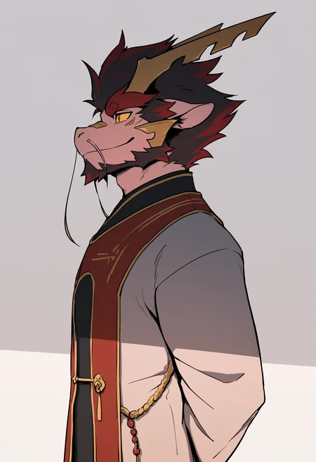 masterpiece, best quality, dragon boy, multicolored hair, yellow sclera, <lora:Tarjumdad-NOOB-0524-000200:1> Tarjumdad, 1boy, male focus, solo, furry, furry male, arms behind back, facial hair, white background, horns, red hair, from side, dragon boy, simple background, smile, chinese clothes, beard, short hair, animal ears, yellow sclera, dragon boy,chinese emperor