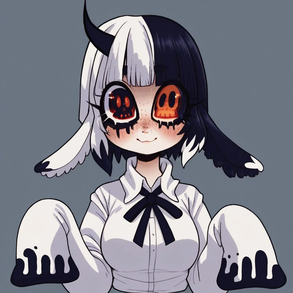 Expressiveh, score_9,score_8_up,score_7_up,verybadimagenegative_v1.3, easynegative, 1girl, solo, breasts, looking at viewer, blush, smile, short hair, bangs, simple background, shirt, black hair, long sleeves, ribbon, closed mouth, white shirt, upper body, white hair, multicolored hair, horns, collared shirt, grey background, two-tone hair, sleeves past wrists, neck ribbon, blue background, single horn, sleeves past fingers, freckles, split-color hair, skull pupils, heterochromia