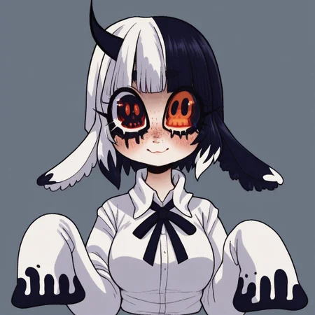 Expressiveh, score_9,score_8_up,score_7_up,verybadimagenegative_v1.3, easynegative, 1girl, solo, breasts, looking at viewer, blush, smile, short hair, bangs, simple background, shirt, black hair, long sleeves, ribbon, closed mouth, white shirt, upper body, white hair, multicolored hair, horns, collared shirt, grey background, two-tone hair, sleeves past wrists, neck ribbon, blue background, single horn, sleeves past fingers, freckles, split-color hair, skull pupils, heterochromia