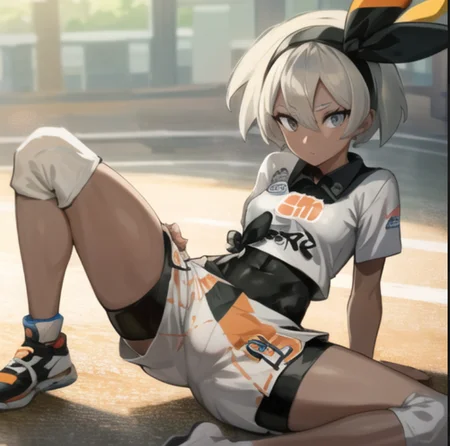 beautiful, masterpiece, best quality, extremely detailed face, perfect lighting, 1girl, solo, grey eyes, <lora:Bea:0.9>,bea \(pokemon\), bodysuit, bodysuit under clothes, print shirt, print shorts, sitting, spread legs,