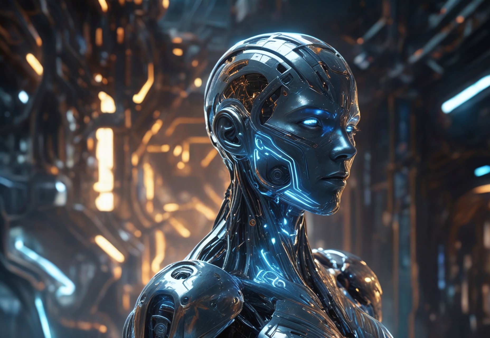 "Hyper-realistic biomechanical humanoid entity, a futuristic cyborg emerging from an electrified void. The figure has a metallic body with intricate liquid-like armor, seamlessly blending organic and machine elements. The surface of its body reflects light with a polished chrome texture, detailed with glowing golden energy veins coursing through its form. Its pose is dynamic, commanding streams of electricity flowing from both hands, illuminating the surrounding atmosphere with bright, crackling energy. The background is a misty cybernetic realm, filled with cascading light rays and digital patterns, creating a sense of infinite depth. The lighting emphasizes the sharp contours of its body, with a blend of cool blue tones and warm amber highlights. The scene exudes power, mystery, and advanced futuristic technology. Ultra-high detail, cinematic composition, 8K resolution, volumetric lighting, and photorealistic textures, inspired by a fusion of science fiction and cyberpunk aesthetics.", closed mouth,