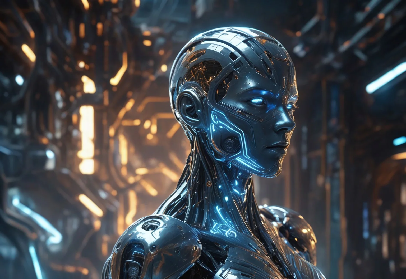 "Hyper-realistic biomechanical humanoid entity, a futuristic cyborg emerging from an electrified void. The figure has a metallic body with intricate liquid-like armor, seamlessly blending organic and machine elements. The surface of its body reflects light with a polished chrome texture, detailed with glowing golden energy veins coursing through its form. Its pose is dynamic, commanding streams of electricity flowing from both hands, illuminating the surrounding atmosphere with bright, crackling energy. The background is a misty cybernetic realm, filled with cascading light rays and digital patterns, creating a sense of infinite depth. The lighting emphasizes the sharp contours of its body, with a blend of cool blue tones and warm amber highlights. The scene exudes power, mystery, and advanced futuristic technology. Ultra-high detail, cinematic composition, 8K resolution, volumetric lighting, and photorealistic textures, inspired by a fusion of science fiction and cyberpunk aesthetics.", closed mouth,