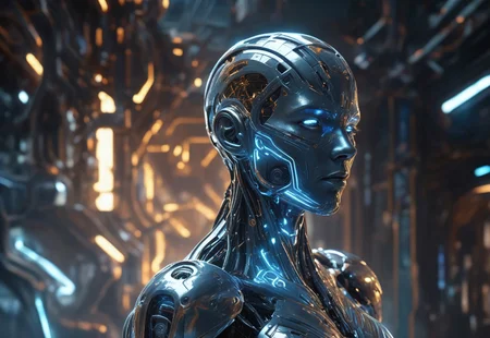 "Hyper-realistic biomechanical humanoid entity, a futuristic cyborg emerging from an electrified void. The figure has a metallic body with intricate liquid-like armor, seamlessly blending organic and machine elements. The surface of its body reflects light with a polished chrome texture, detailed with glowing golden energy veins coursing through its form. Its pose is dynamic, commanding streams of electricity flowing from both hands, illuminating the surrounding atmosphere with bright, crackling energy. The background is a misty cybernetic realm, filled with cascading light rays and digital patterns, creating a sense of infinite depth. The lighting emphasizes the sharp contours of its body, with a blend of cool blue tones and warm amber highlights. The scene exudes power, mystery, and advanced futuristic technology. Ultra-high detail, cinematic composition, 8K resolution, volumetric lighting, and photorealistic textures, inspired by a fusion of science fiction and cyberpunk aesthetics.", closed mouth,