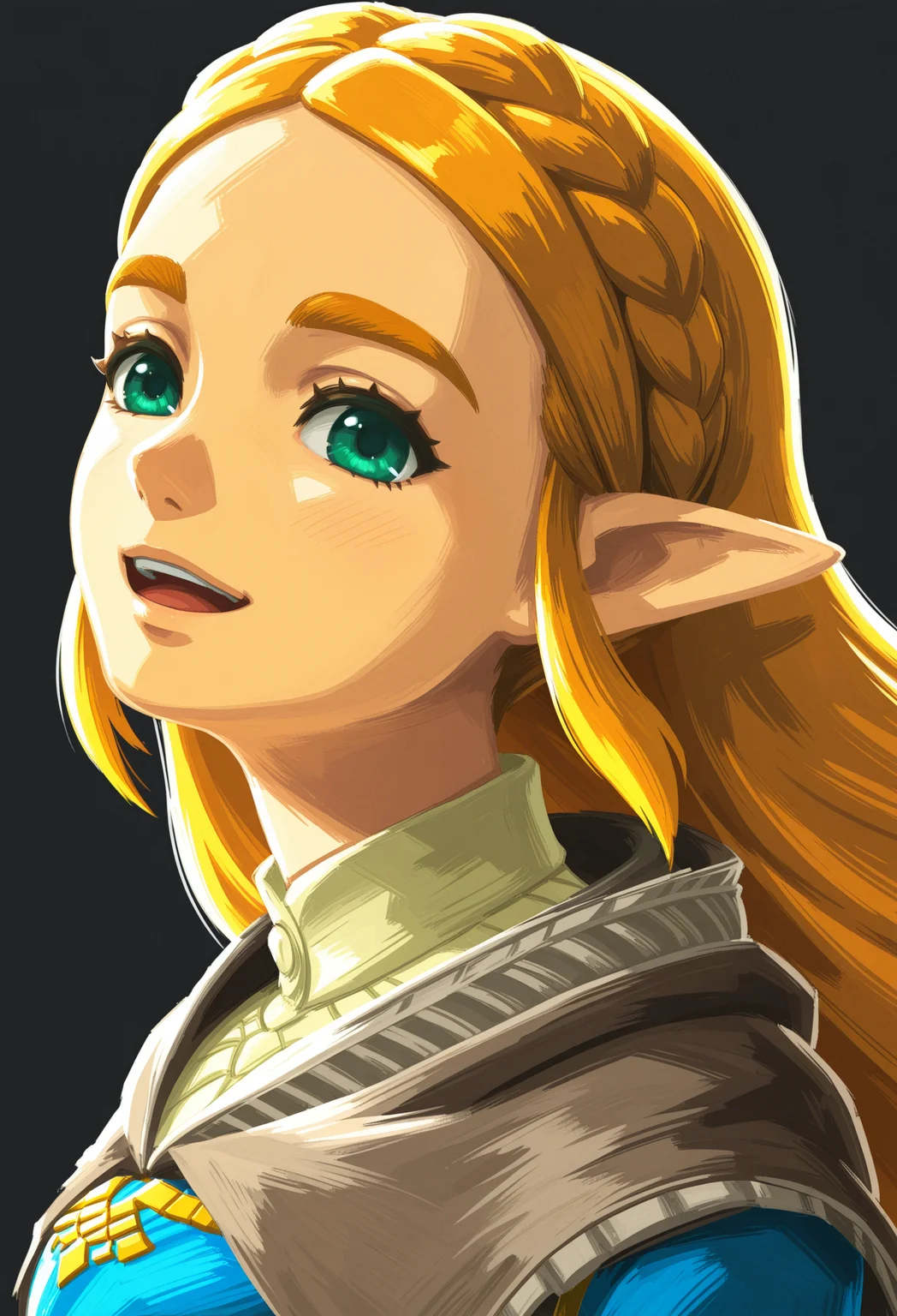 head tilt,
dutch angle,looking at viewer, BREAK
1girl,princess zelda, head tilt, smile, open mouth, portrait, from side,
black background simple background,
(thick lips:-1),
<lora:ZeldaRender-V1:1> zeldarender