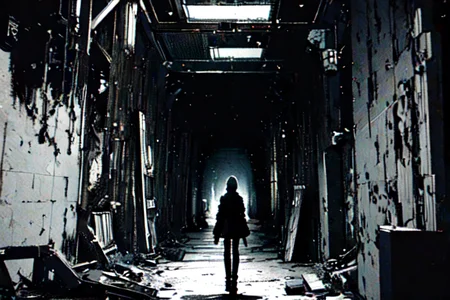 highly insanely detailed, masterpiece, top quality, best quality, highres, 4k, 8k, RAW photo, (very aesthetic, beautiful and aesthetic),
tsutomu nihei,nihei_tsutomu,blame!,blame gakuen!,abara,TNstyle,sidonia_no_kishi,(mausoleum,tower,hangar,deep horizon,tunnel,space,spacecraft,stairs,giant room),decrepit,vast scenery,perspective,flock,dystopia,destroyed,blm,cyberpunk,empty,dark background,science fiction,futuristic,no human,
<lora:blamev2:0.8>,
(1girl:1.3),
solo focus,
underground facility,âââ
