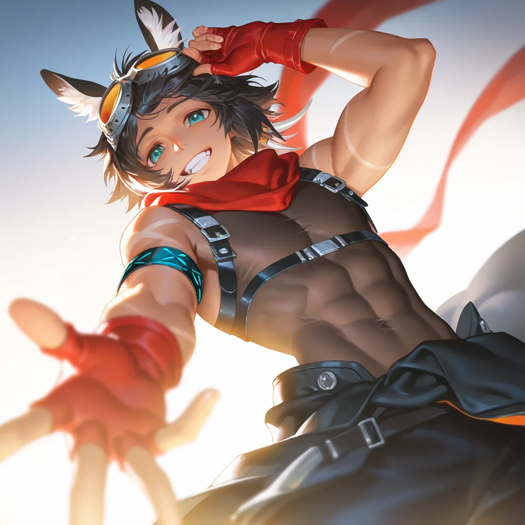 1boy, courier \(arknights\), courierarknights, toned male, deer ears, animal ear fluff, medium hair, aqua eyes, tanned skin, (artist:penguin frontier, artist:krenz, artist:yoneyama mai:1.2), nyalia, depth of field, looking at viewer, dim lighting, falling, reaching towards viewer, adjusting headwear, smile, teeth, red scarf, armband, goggles on head, tooth hair ornament, orange goggles, welding goggles, red gloves, fingerless gloves, black sleeveless bodysuit, chest harness, black jacket around waist, black pants, masterpiece, best quality, newest, absurdres, highres, uncensored, <lora:nyalia:0.4>, <lora:lora-000008.TA_trained:0.8>