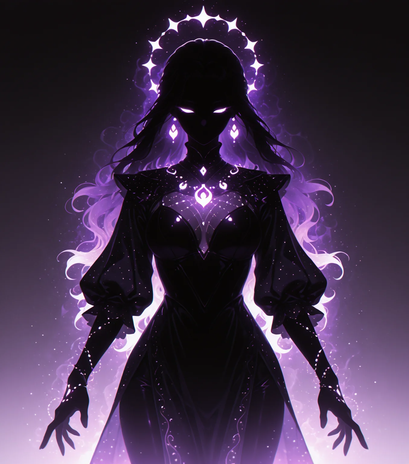 <lora:Shadows_v2_Buns:0.65> sh4d0w, purple aura, glowing, solo, Enchantress, wearing Elegant, magical attire, using wands, amulets, masterpiece, best quality, amazing quality