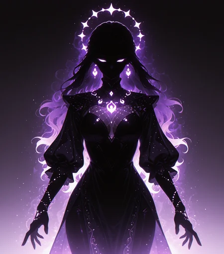 <lora:Shadows_v2_Buns:0.65> sh4d0w, purple aura, glowing, solo, Enchantress, wearing Elegant, magical attire, using wands, amulets, masterpiece, best quality, amazing quality