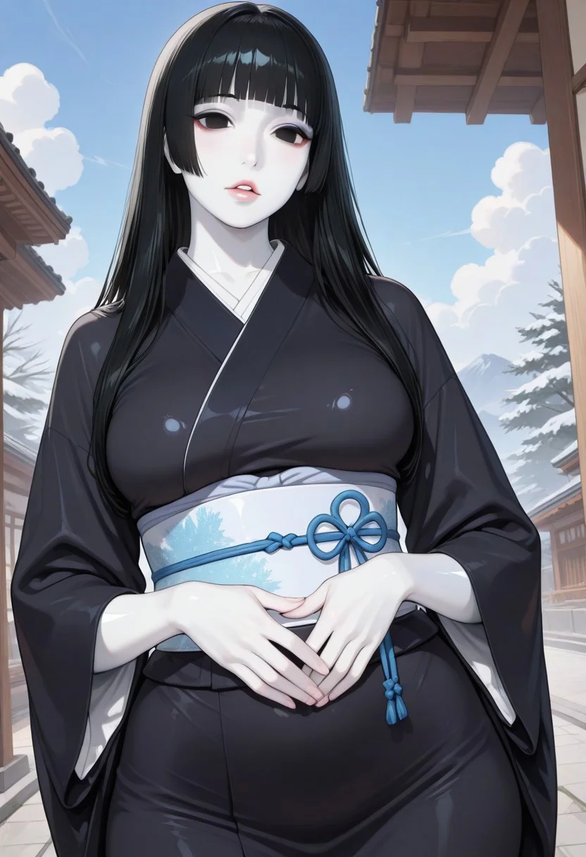 Mature woman, MILF, 1girl, sky, black hair, long hair, hime cut, masterpiece, black eyes, no pupils, colored skin, (white skin:1.3), glossy skin, Yuki-Onna, parted lips, looking at viewer, black kimono, wide sleeves, obi, japanese clothes, medium breasts, wide hips, outdoors, hands held together on stomach, cloud, volumetric lighting, blue sky, portrait, upper body,