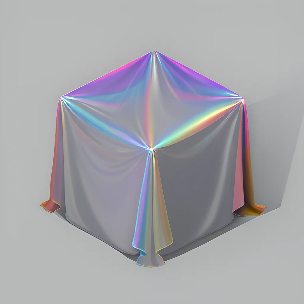 cast shadow, made of holographic cloth, made of hologram fabric, isometric, solo, simple background, no humans, made of rainbow fabric, light grey background, 1cube <lora:materials_and_textures_sphere_orb_SDXL:1>