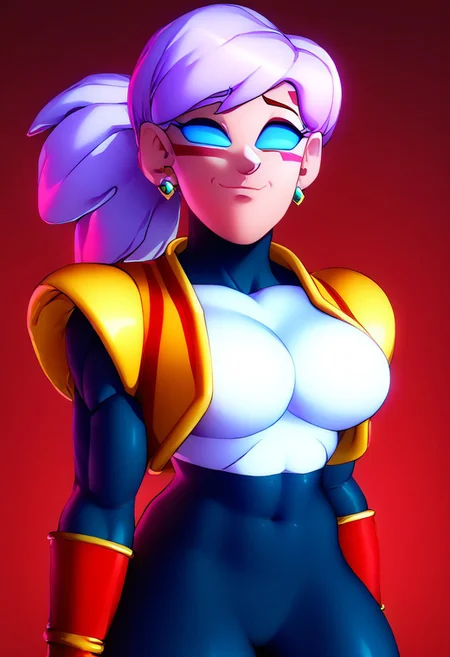 score_9, score_8_up, score_8, -1woman,solo, Mature woman, pants on, markings on face, red markings , fully clothed, eyes all blue, solid blue eyes 4k, High Quality, yellow vest, white top, gray hair female, blue eyes, no inner eye, no pupils, nothing in eyes, blank eyes, tight black bodysuit pants, red eyebrows, red under mouth, blue sclera, no iris , big breasts, big chest, big shoulders, big arms, big legs, big thighs, female wearing a black lycra, vegeta sufurujin jacket, tight-fitting black lycra, sufurujin vegeta outfit, red marking on chin, red marking below mouth,no whites in female's eye, no inner eye on female, one solid eye color, evil smile, evil expression,
-
Davidsm , tied pigtail,
-
, style of akira toriyama, earrings,standing, jewelry,