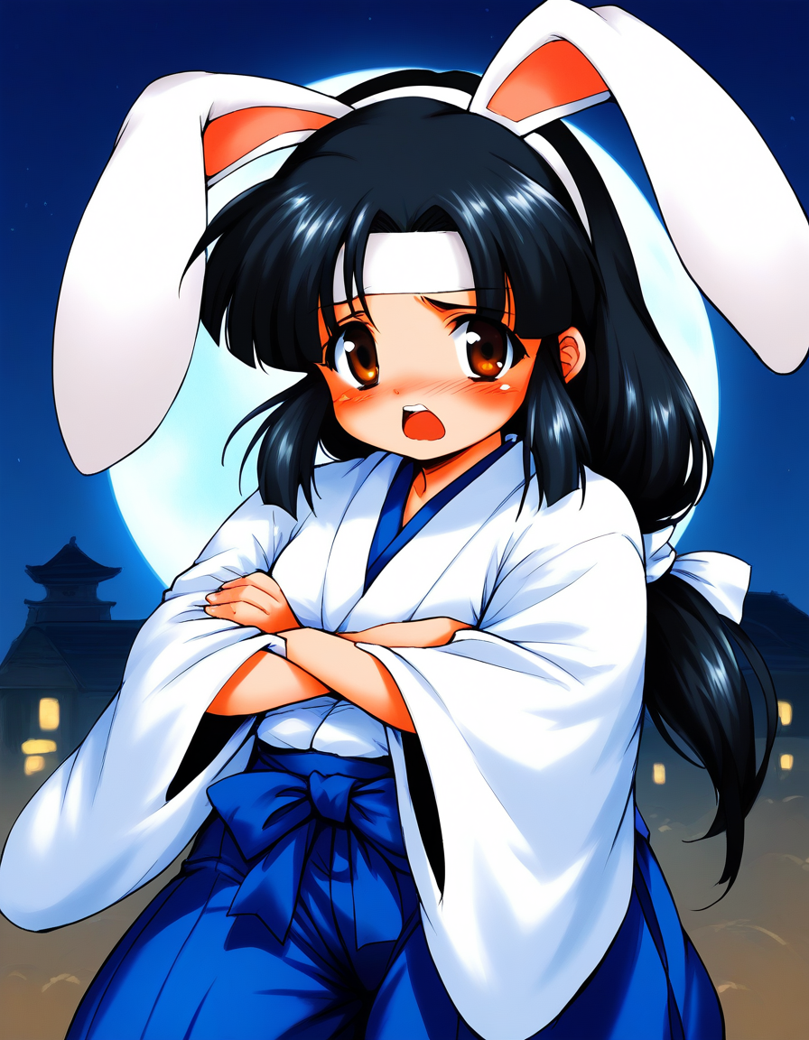 score_9, score_8_up, score_7_up, source_anime, rating_explicit, BREAK  <lora:Sayo-chan_TsukiyoSoushi_XL:0.9> Sayo-chan_TsukiyoSoushi, long hair, black hair, white headband, brown eyes, low-tied long hair, parted bangs, short stack,
japanese clothes, solo, ofuda, open mouth, blue hakama, hakama,  wide sleeves, skirt, long sleeves, 
torn clothes, animal ears, rabbit ears, v arms,
looking at viewer, sad, blush,
night moon,